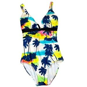 Blue and Yellow One Piece Swimwear with Tropical Print